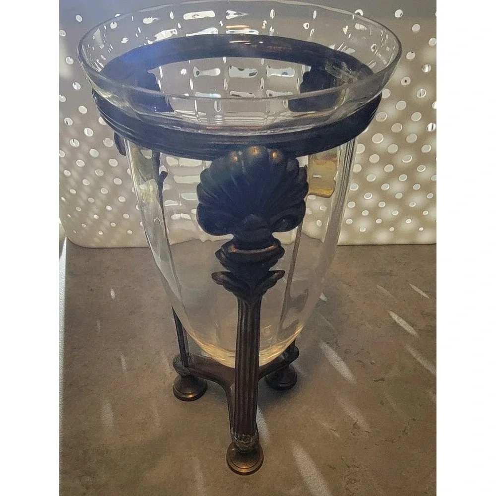 Vintage Brass & Glass‎ Urn Vase on Pedestal Stand  Hollywood Regency